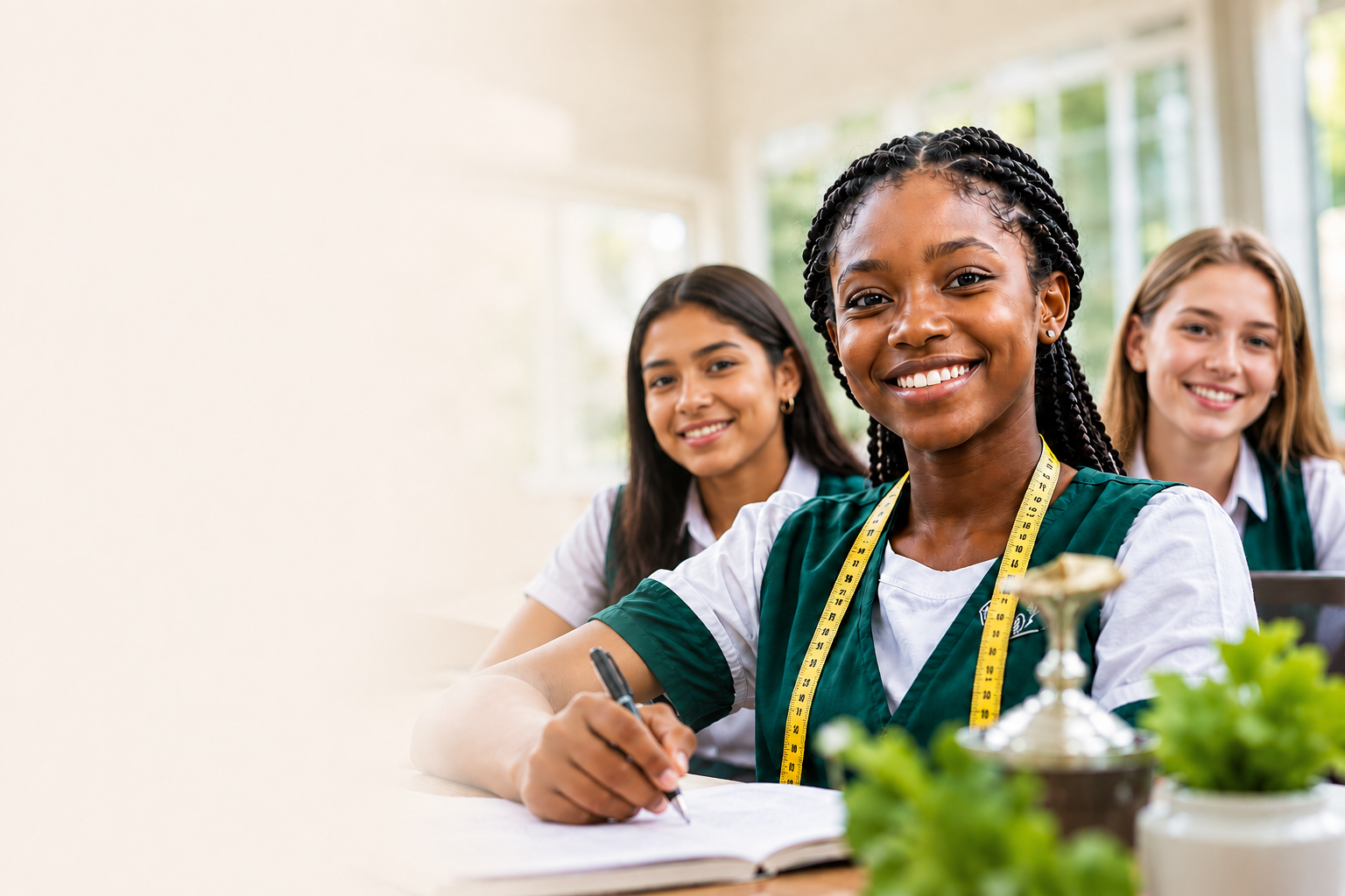 Young girls learning together in a bright classroom